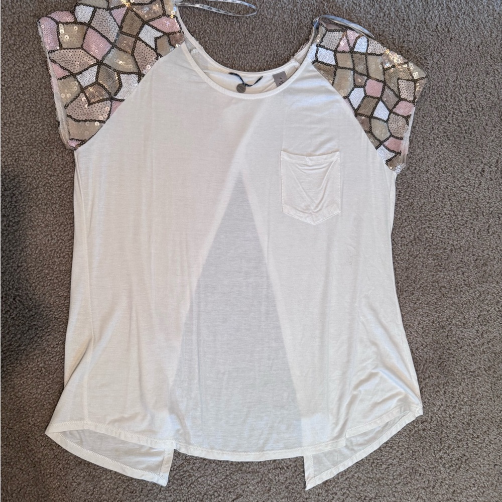Sequin Sleeve White Top